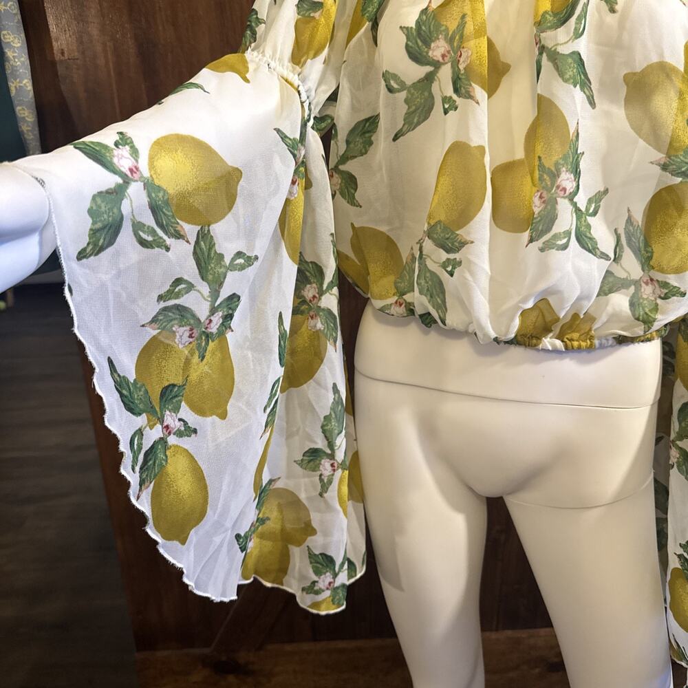 Ashley Stewart Sheer Lemon Print Off Shoulder Blouse Top 14/16 Plus Flowy Sleeve - Picture 3 of 10